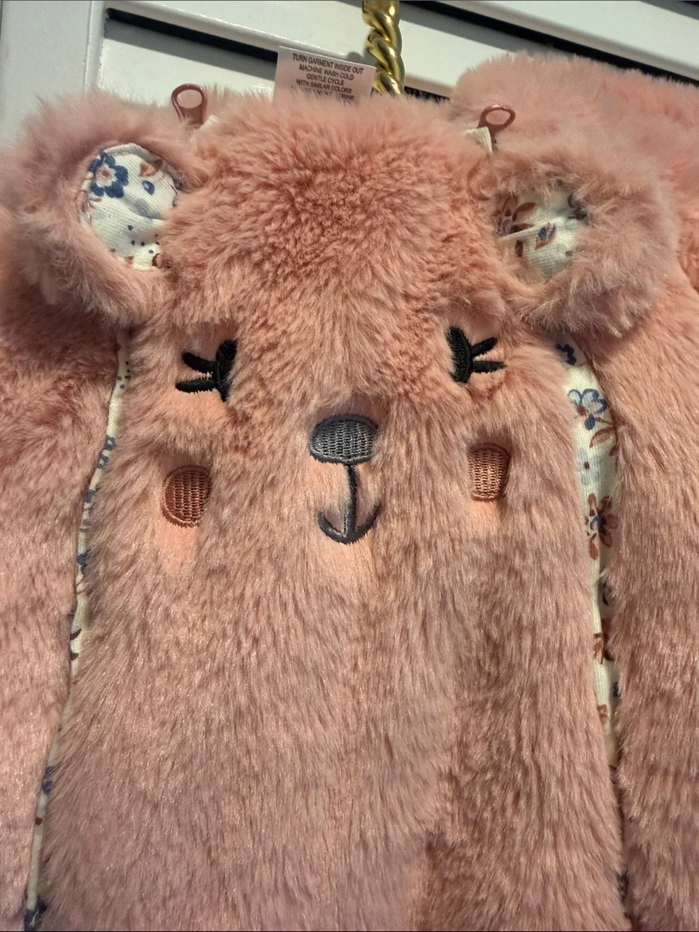 One-Piece Hooded Snowsuit - Pink Plush Bear With Front Zippers